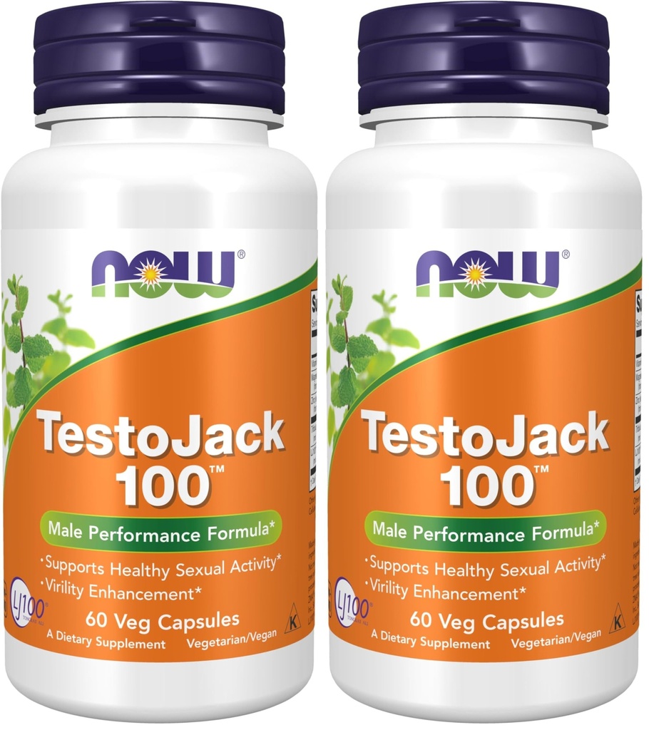 NOW Supplements, TestoJackTM 100 con LJ100®, un Potent standardized Extract of Tongkat Ali (Eurycoma longifolia), Tribulus e ZMA®, 60 Veg Capsules (Pack of 2)