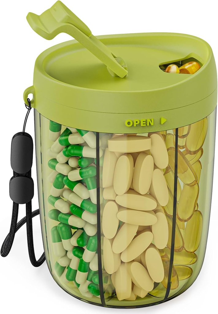 PULIV Large Pill Bottiglia Organizer, Supplemento per il supporto di 6 diverse vitamine, Pill Box Case con Anti-Mixing &amp; Design di apertura ampia, Facile da recuperare Meds e 20 Pcs Stick-on Etichette, Verde