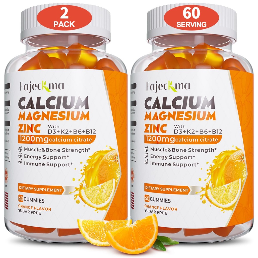 Calcium Magnesio Zinc Gummies per Adulto: Citrato di calcio 1200mg con vitamina D3 K3 - Integratore naturale di assorbimento ad alto contenuto di zucchero organico per bambini da uomo (120Count)