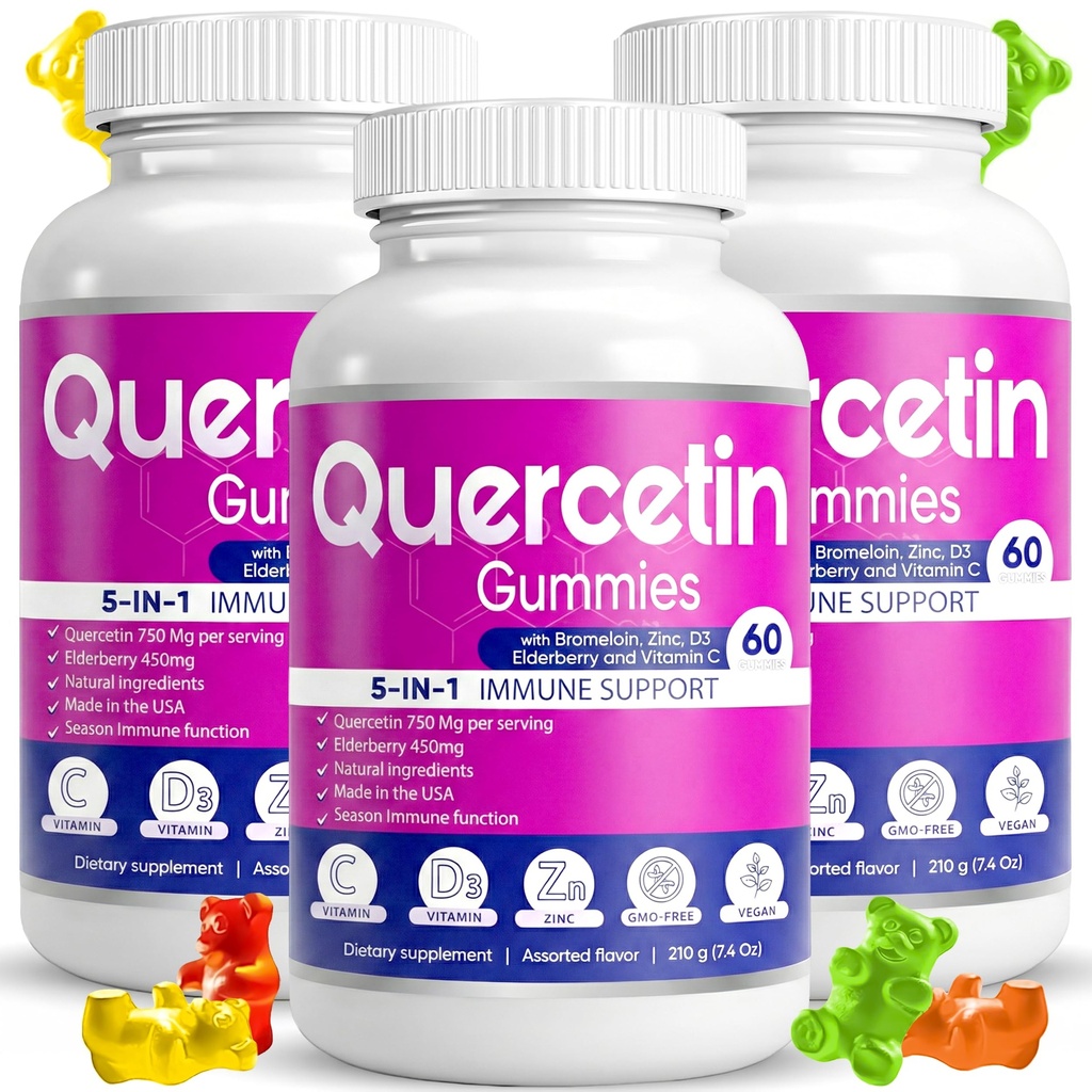 (3 Pack) Quercetin Gummies di BioVitalica - Quercetina con vitamina C e Zinco & Elderberry + Vitamina D3-5 in 1 Supporto Immune - Zinc Quercetin 750 mg per bambini e adulti