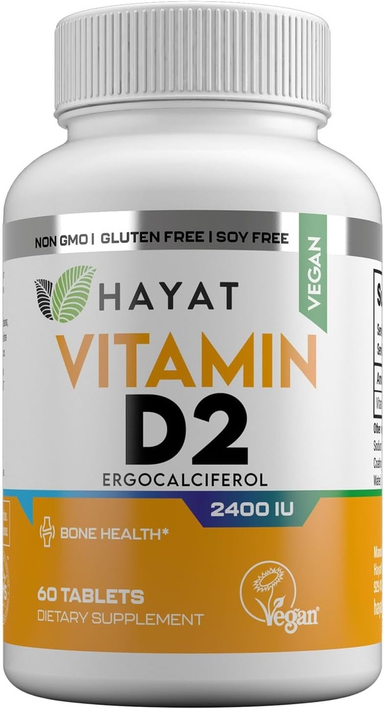 Vitamine HAYAT Vegan Vitamin D2 2400 IU (60 MCG), Integratore alimentare per Bone, denti, muscolo e assistenza sanitaria immunitaria, 2 mesi di alimentazione, tutto naturale, certificata Halal, 60 compresse, Made in the USA