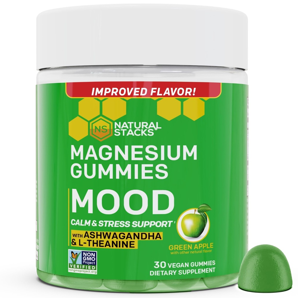 Mood Magnesium Gummies - 200mg Magnesio Citrato & 125mg Sensoril Ashwagandha Gummies - con L Theanine per il supporto calma & stress - Mag Citrate e Ashwagandha Supplement - 30 Green Apple Chewables