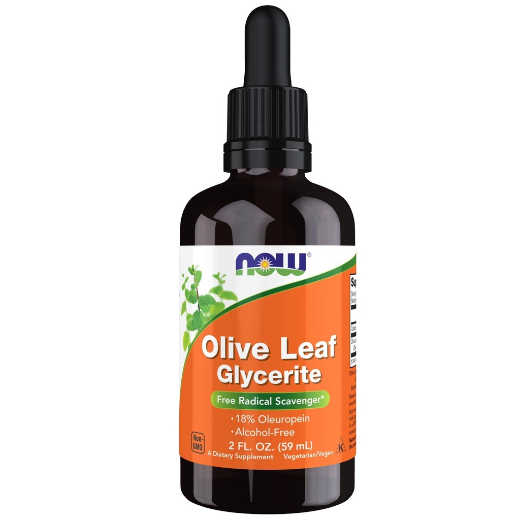 NOW Integratori Alimentari, Ulive Leaf Glycerite Liquid, 18% Oleuropein, Dropper Incluso, Libero Radical Scavenger*, 2-Oncia