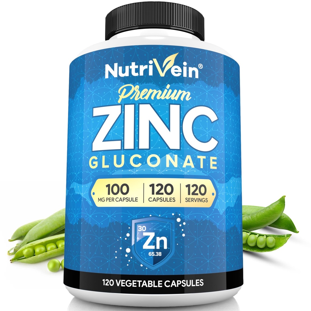 Nutrivein Premium Zinc Gluconate 100mg - 120 Capsule: Integratori di Gluconato di Zinco ad alto assorbimento per Benessere Tutto-Body - Elementi essenziali per il benessere