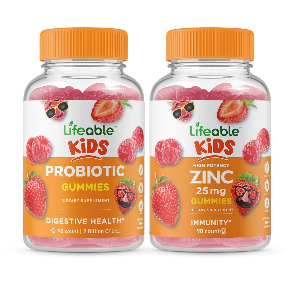 Probiotico vitale 2 miliardi di CFU Bambini + Zinc 25mg Bambini, Gummies Bundle - Grande degustazione, Supplemento di vitamina, Senza glutine, OGM libero, pancia masticabile