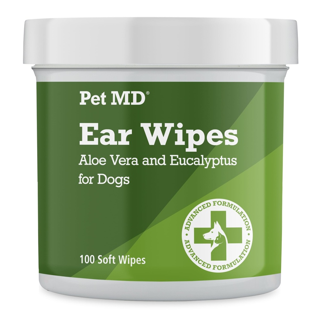 Pet MD Dog Ear Cleaning Wipes – Detergente Otico per cani, Cura dell'orecchio rilassante con Aloe Vera & Eucalyptus, Wipes regolari, 100 Conte
