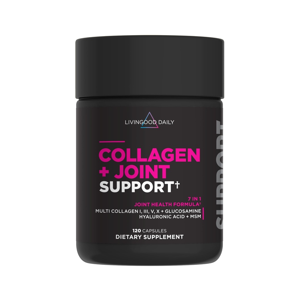 Livingood Daily Collagen + Joint Support, Grass Fed Multi Collagen Peptides I III V X con acido ialuronico, Supporto congiunto per donne & uomini, Chiodi per capelli, Keto & Gluten Free, 120 Capsule