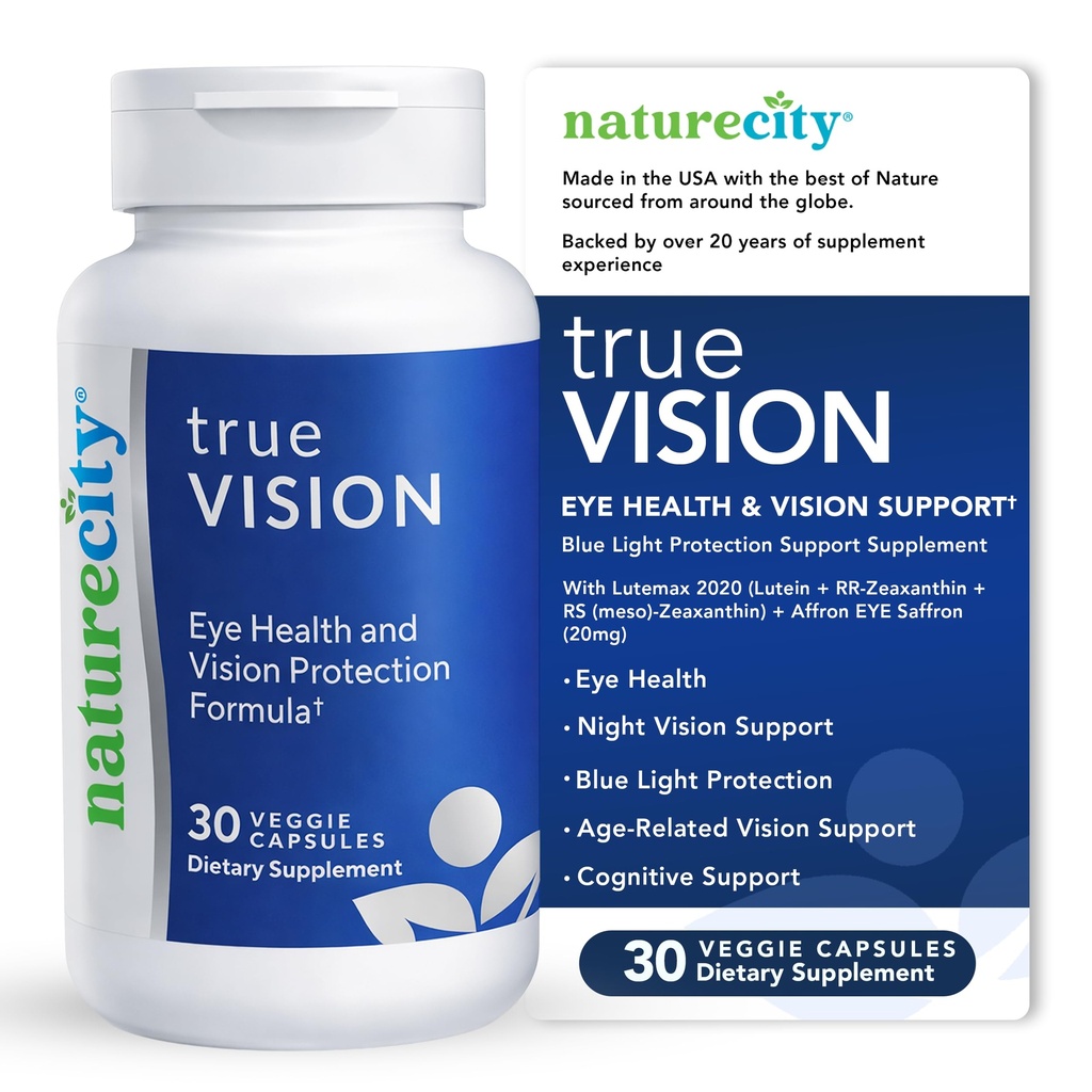 NatureCity True-Vision Eye Health Supplement - Lutein a base vegetale e Zeaxanthin con alta potenza Zafferano 20mg - Blue Light Protection, Support Central and Night Vision (30 capsule vegetali)