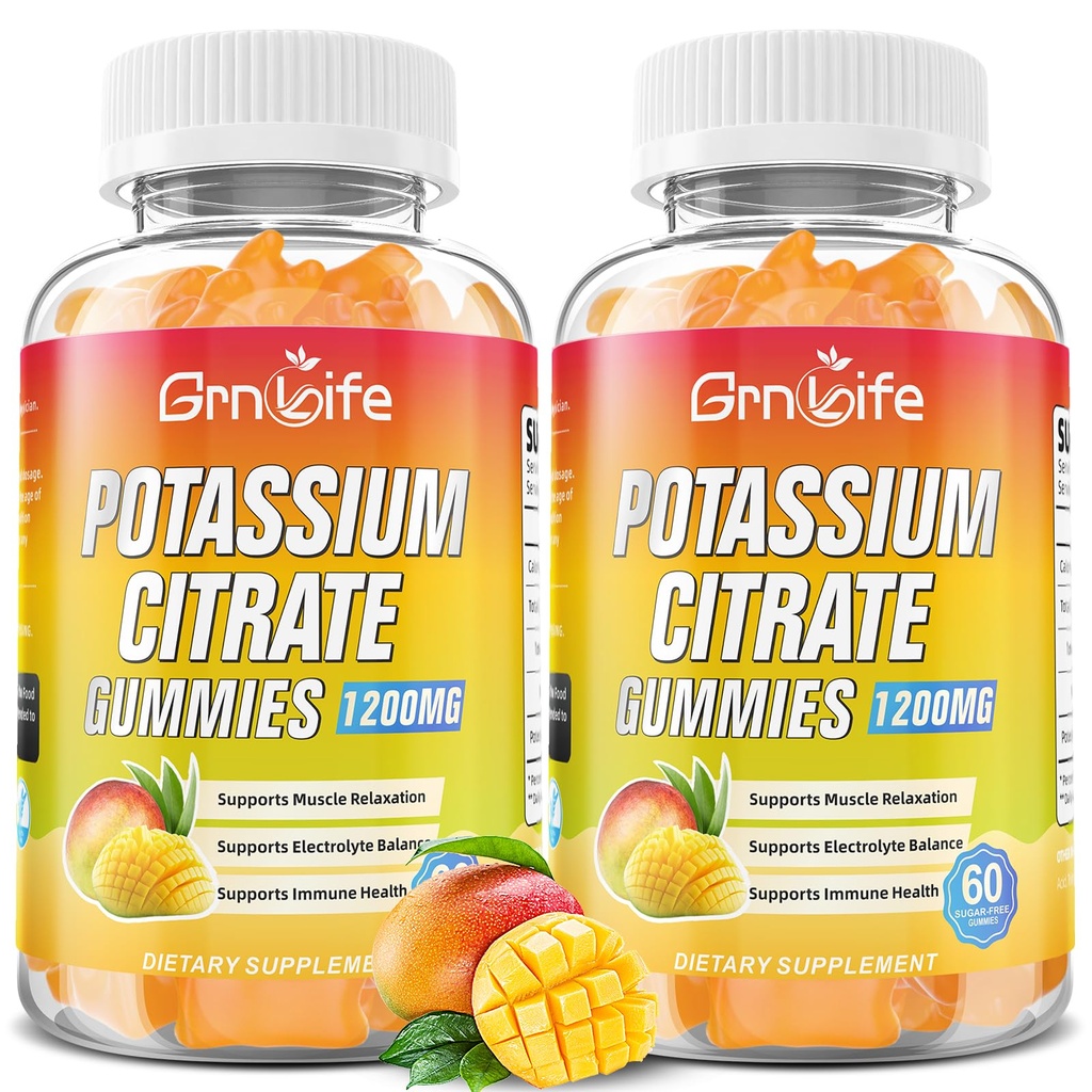 Gummies Citrato di potassio, Gummies supplemento di potassio alto 1200mg supporto Gambe &amp; salute del muscolo, Gummie di potassio per adulti & bambini, Vegan, Mango Flavor 120 Conte