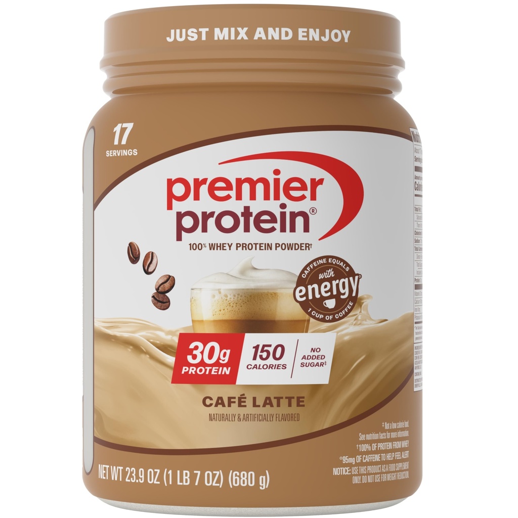 Premier Protein Powder, Café Latte, 30g Protein, 1g Sugar, 100% Whey Protein, Keto Friendly, Gluten Free, No Soy, 95mg Caffeina per l'energia, 23.9 oz (17 Servings)