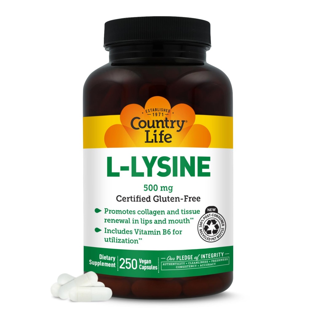 Country Life L-Lysine 500mg con B-6, Supporta la salute immunitaria, Promuove il rinnovo del collagene in labbra e bocca, 250 capsule vegane, senza glutine certificato, Vegan