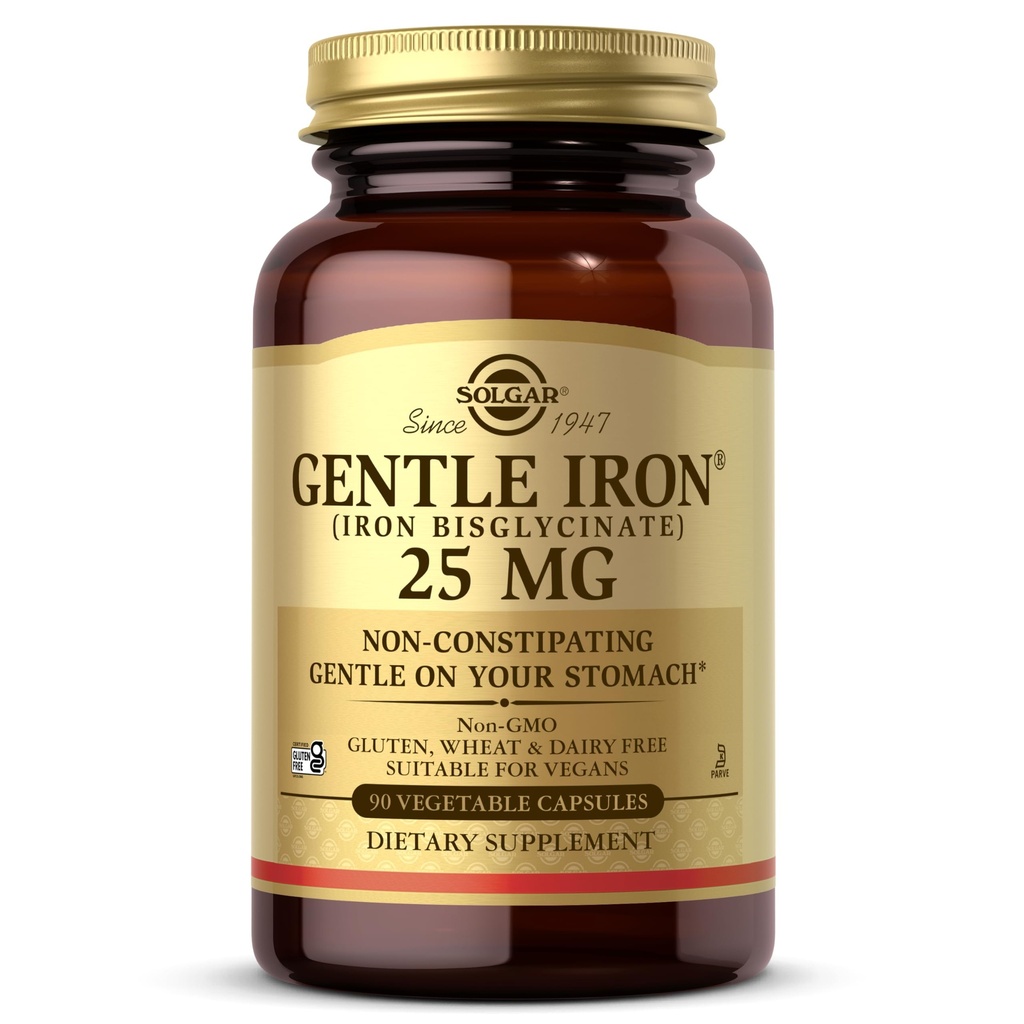 Solgar Gentle Iron 25mg, 90 capsule vegetali - Energia, Produzione normale di globuli rossi - Gentle on the Stomach - Non-GMO, Vegan, Gluten Free, Dairy Free, Kosher - 90 Serve