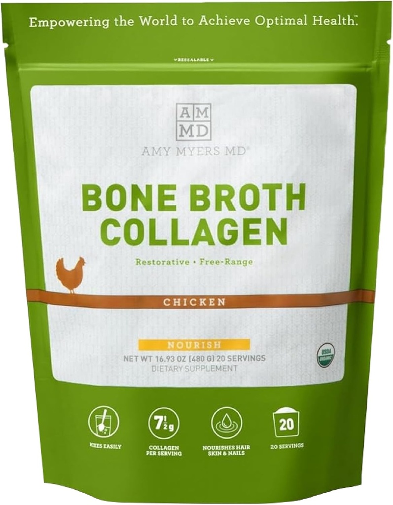 Amy Myers MD Bone Broth Collagen Powder - Organic Chicken Bone Broth - Supporta pelle sana e unghie - per Gut Health & Joint Support - 20 Servings, Pollo Flavor