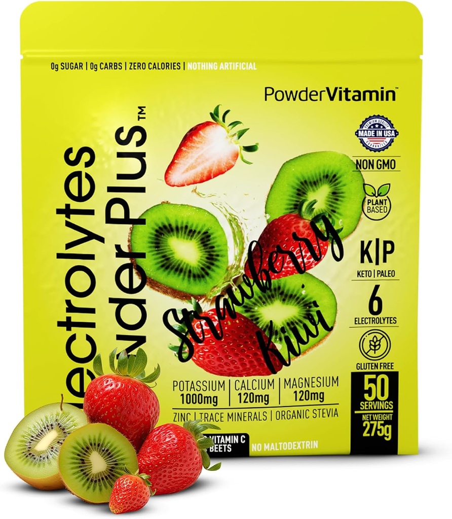 Polvere di elettroliti Plus (50 Serve), 0 Calorie Keto, 0 Zucchero, No Maltodextrin, 1000 mg di potassio, 120 mg di calcio, 120 mg di magnesio, polvere di idratazione (50 Serve, fragola Kiwi)