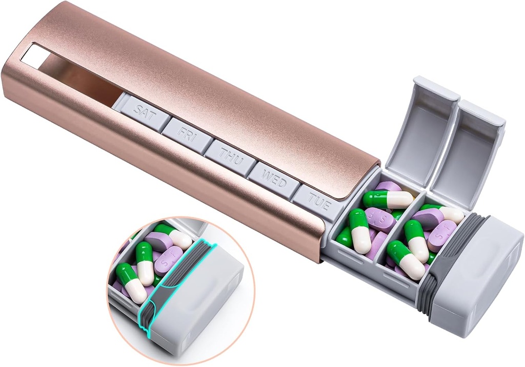 Daviky Metal Travel Pill Organizer, Premium Alluminio Pill Box 7 giorno, Weekly Daily Pill Case, Stylish&Cute Pill Holder for Medicine, Supplementi e Vitamine (Pink+Gray)