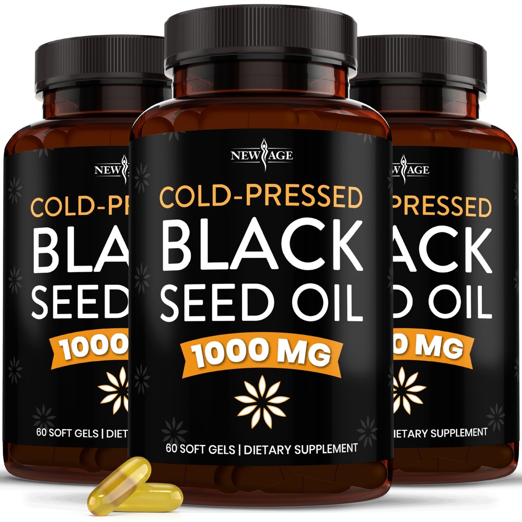 NEW AGE Black Seed Oil Softgel Capsule - Premium Cold-Pressed Nigella Sativa Produrre Pure Black Cumin Seed Oil - Non OGM & Vegetariano 90 Count (Pacchetto di 3)