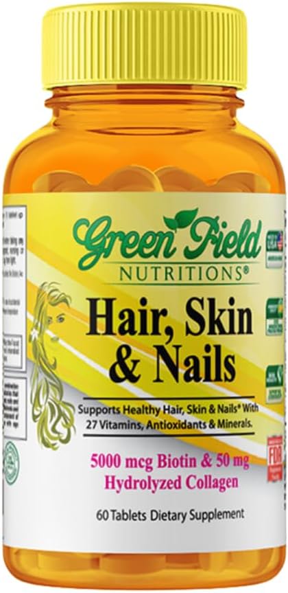 Greenfield Nutritions Halal Biotin Tablet for Adult - 60 Halal Multivitamin for Hair Skin and Nails - Alta potenza 5000mcg Biotin con 50mg Collagen and Minerals - Gelatin Gluten Free, Non-GMO Vitamin