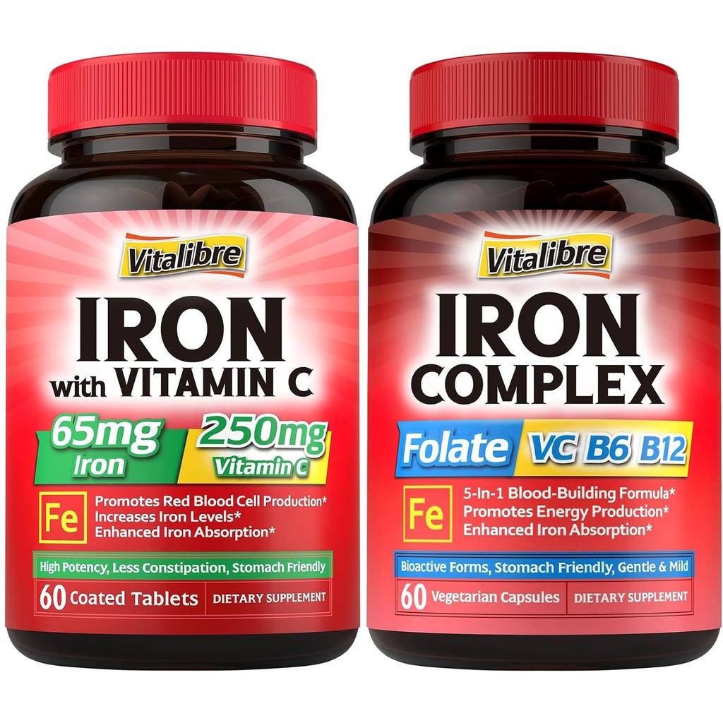 Supplemento di ferro per le donne e gli uomini, con vitamine C, B6, B12 & Folate + Supplemento di ferro, 65 mg di ferro di carbonio con 250 mg di vitamina C