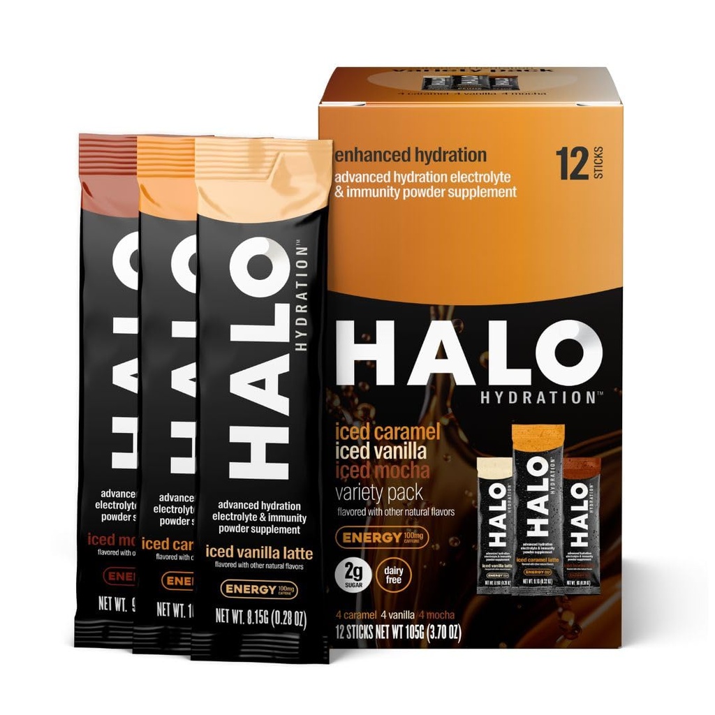 HALO Hydration – Miscela per bevande energetiche elettrolitiche | Pacchetti per polveri di idratazione | Variety Pack (Caramel, Vanilla, Mocha Lattes), Caffetteria sana | Bastone di servizio singolo facile aperto | 12 Stick