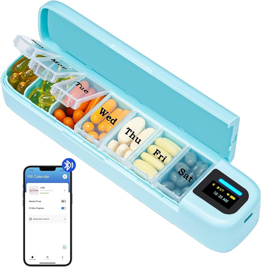 Daviky Smart Pill Organizer con allarme, Bluetooth Daily Una volta al giorno Pill Box 7 giorno con APP, caso di Pillola di viaggio settimanale, Miscelatore portatile per pillole per medicinali, integratori e vitamine (Green)