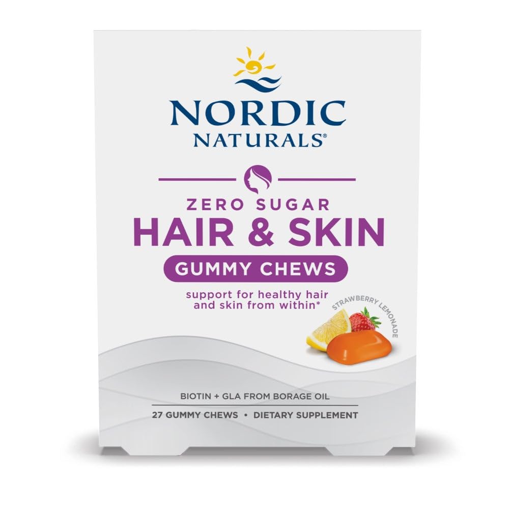 Nordic Naturals Zero Sugar Hair & Skin Gummy Chews, Strawberry Lemonade - 27 Gummy Chews - Biotin + GLA da Borage Oil - promuove l'equilibrio sano dei grassi in pelle - Non-GMO - 27 Serve