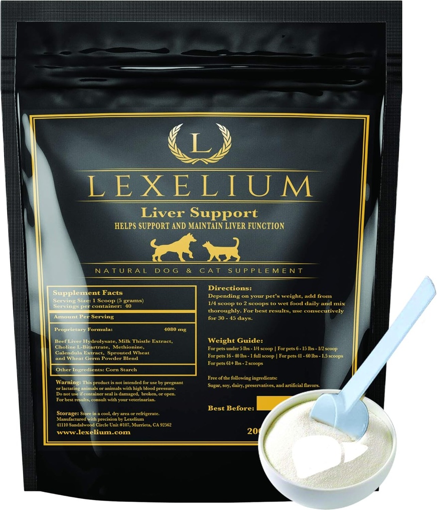Integratore di supporto del fegato per cani e gatti - Grande per la disintossicazione e aiuta il rene, il fegato e la funzione della pelle - supporto del fegato del gatto - cardo del latte + lisina + bitartrate della colina + metionina – 200g