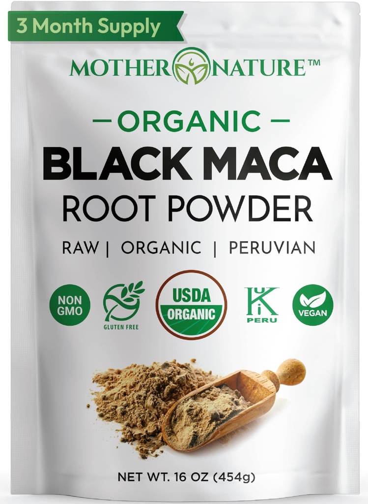 Polvere di radice di Maca nera peruviana biologica - Certificato Premium USDA, ideale per gli uomini e le donne, potenziare allenamenti, migliorare il recupero del muscolo, non OGM, Superfood vegano, 16 oz