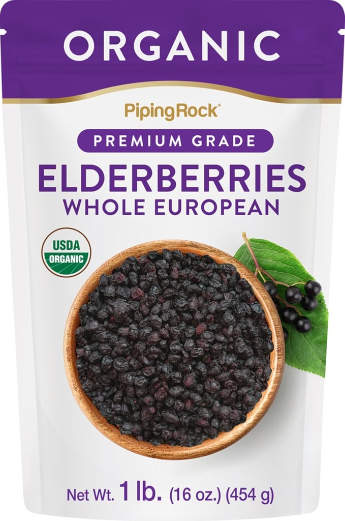 Piping Rock Elderberries Dried Organic | 1lb Bulk Supplement | European Whole Berries | Vegetariano, Non OGM, Gluten Free