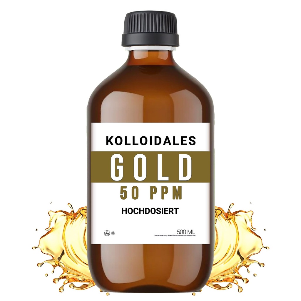 Soluzione oro colloidale, 50 PPM, 500ml, elevata purezza 99,99%