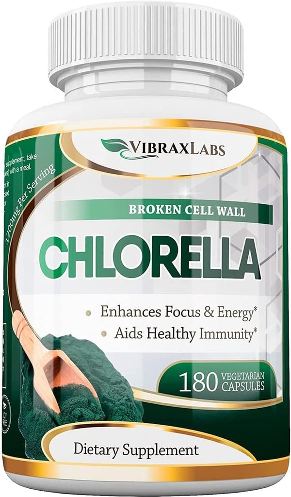 VibraxLabs Chlorella Capsules – Rotto Cell Wall 600 mg Pillole di verdure (1200 mg) - Integratore di polvere proteica per la disintossicazione naturale, Best with Spirulina, No Aftertaste, Made in USA