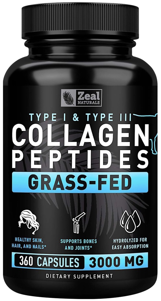 Zeal Naturals Collagen Peptides Collagen Pillole (360 capsule) Grass Fed Collagen Pepetide Powder - Polvere di collagene idrolizzata per JointTendon SupplementHair Skin and Nails -