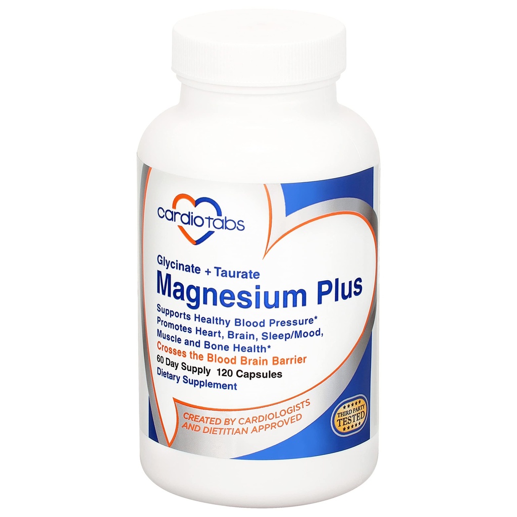 Magnesio Plus – 200 mg di Magnesio Glycinate e Magnesio Taurate per Pressione Sangue, Cuore, Cervello, Sonno e Sostegno al Mood – Altamente Concentrato e Ben Assorbuto - 120 Capsule