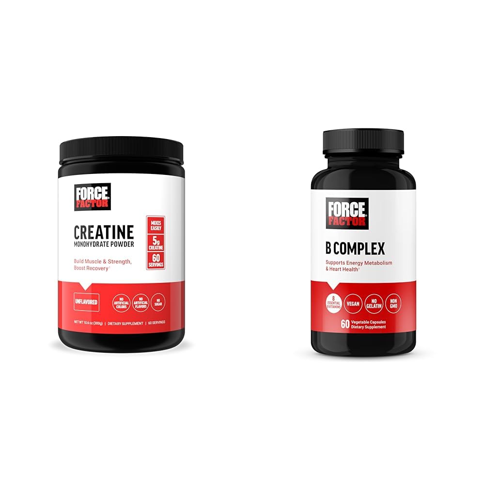 Force Factor Creatine Powder 60 Servings and Vitamin B Complex 60 Capsule Bundle per guadagno del muscolo, resistenza, energia e recupero più veloce