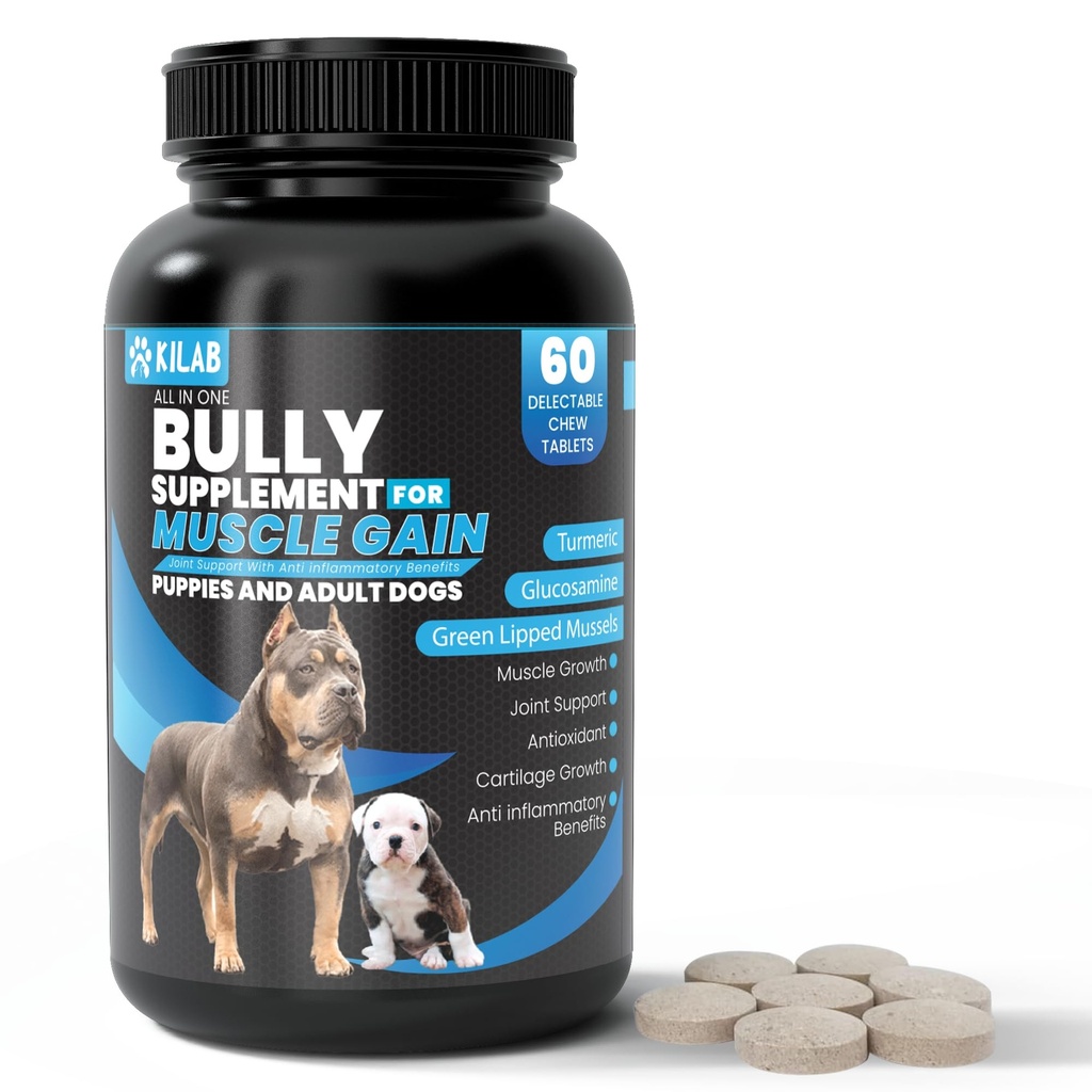 Kilab Dog Peso Gainer – 60-Count Muscle Builder Dog Supplemento – Supplemento di crescita muscolare per cani, cuccioli e adulti – Formula di crescita Bully con Turmeric, Glucosamina, Muscelle verdi