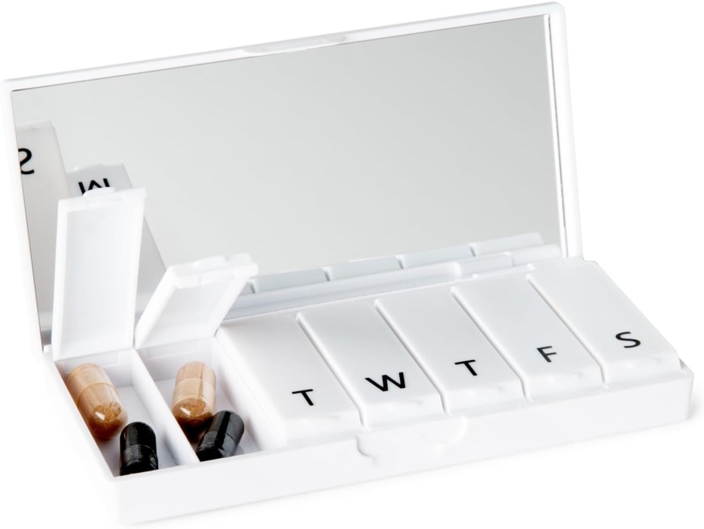 PORT X POLISH Designer Weekly Pill Box Organizer (Single 1X Daily, Crisp White) | Compact, Elegante 7-Day Vitamin Supplement Case | Carino Portable Mini Travel Medicine Carrier | BPA-Free Pillbox Caddy