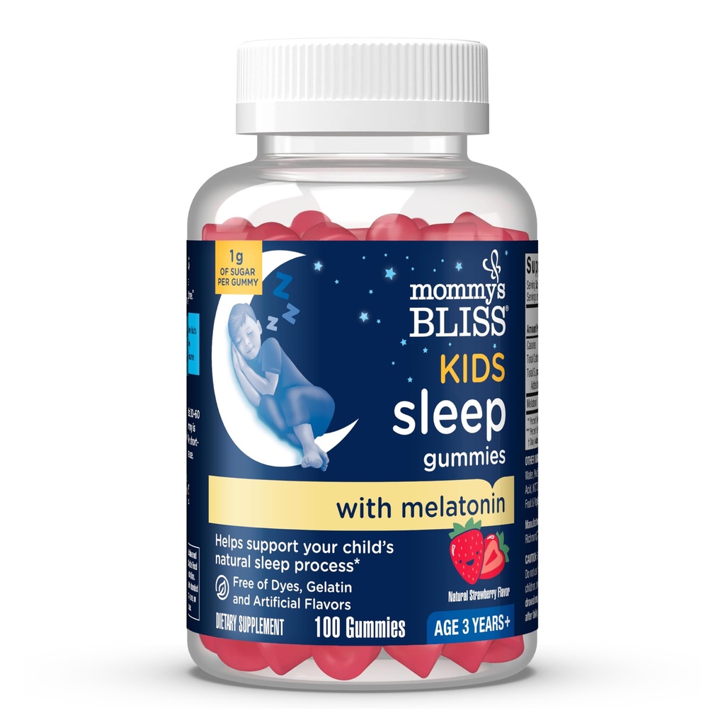 Bliss Kids Sleep Melatonin Gummies, Non Habit-Forming with No Artificial Colors, Flavors or Gelatin - Età 3 Anni+ - Fragola Flavor - 100 Sleep Gummies