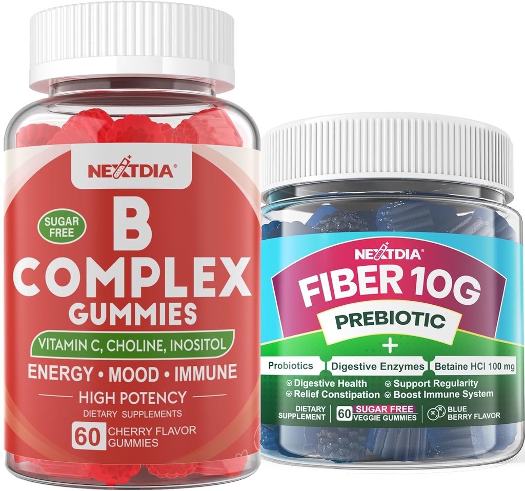 2 Pack Complesso di vitamina B etilato + 1 confezione Zucchero gratuito 10g Supplemento di fibra prebiotica, Gummies per adulti