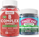 2 Pack Complesso di vitamina B etilato + 1 confezione Zucchero gratuito 10g Supplemento di fibra prebiotica, Gummies per adulti