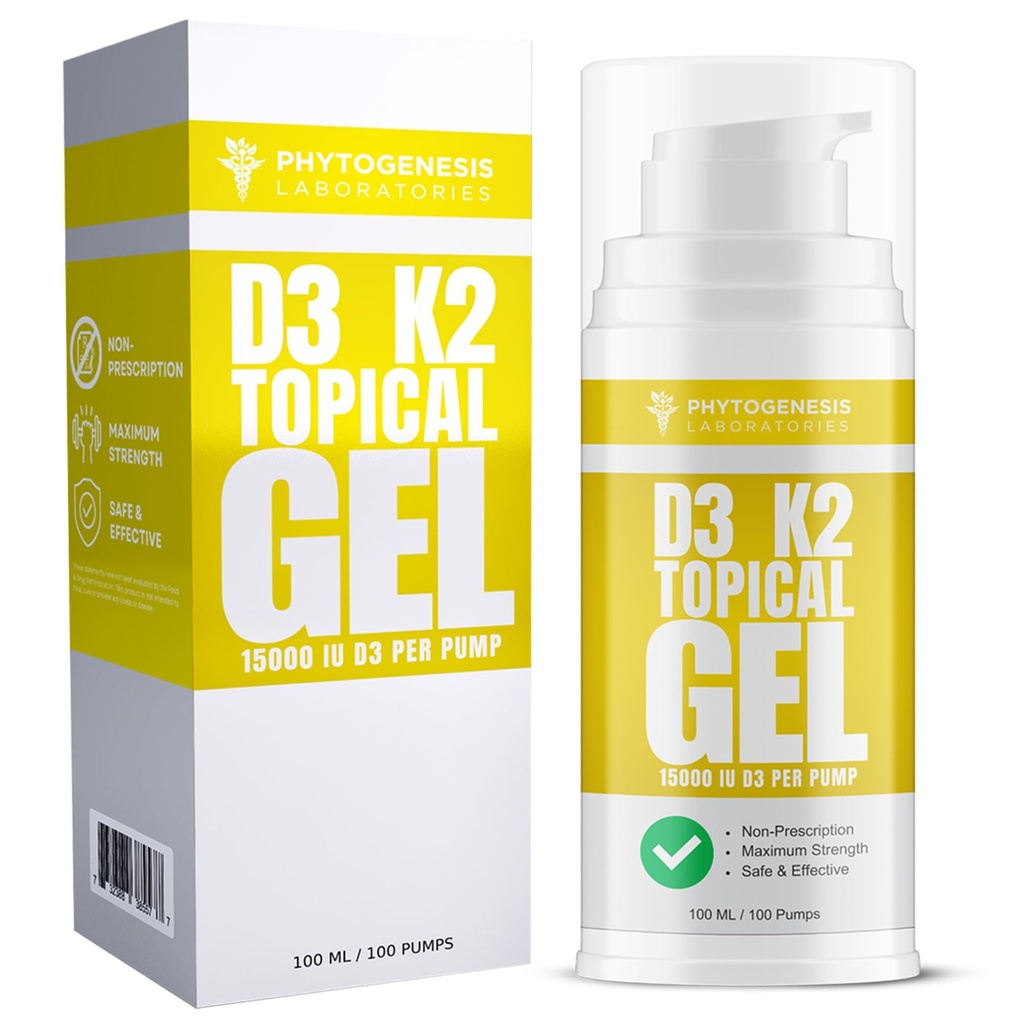 Vitamina D3 K2 Massima Forza Gel Topical - 15000+ IU Per Pompa - La Vitamina Sunshine - Supporta la Salute Congiunta, Supporto Immune - Alimentazione Un Mese