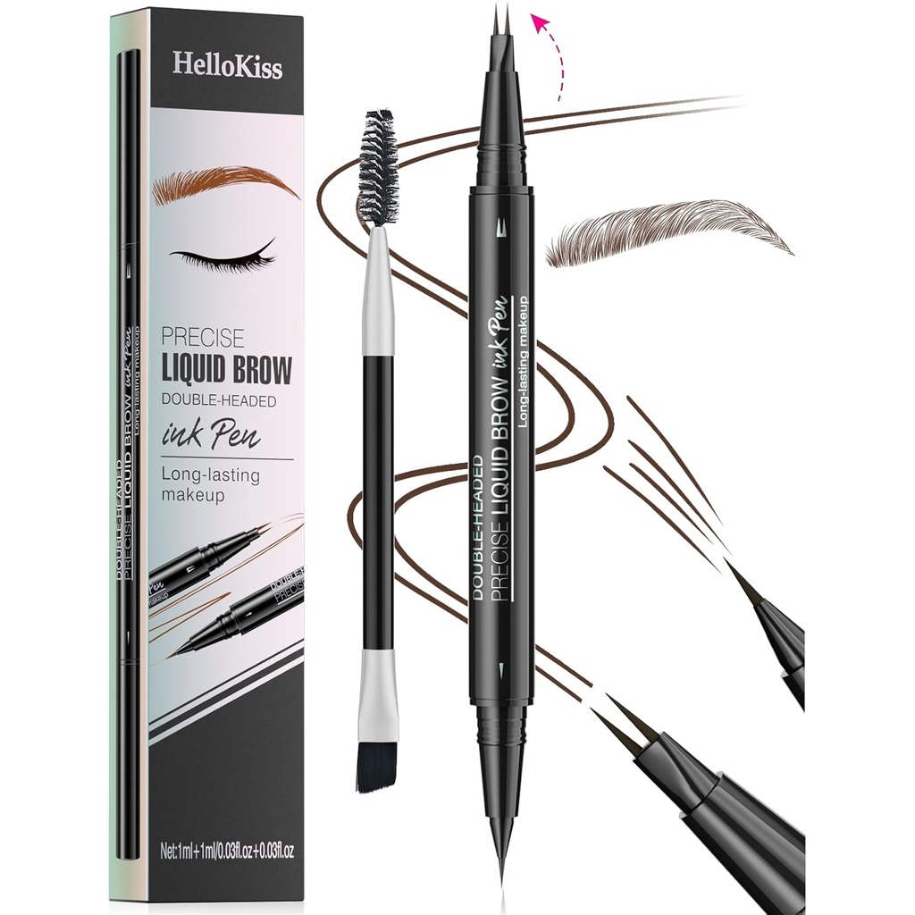 9708 2-Tip doppio-inded sopracciglio penna, 2-in-1, con pennello sopracciglio. Impermeabile e Sweat Proof, Freccia Precisa Liquida, 5 ombre, Long-Lasting (3#Dark Brown)