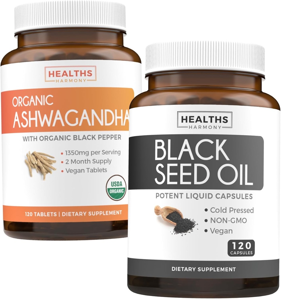 Bundle of Black Seed Oil & Organic Ashwagandha - Renew & Recharge Bundle - Olio di semi neri - 120 capsule di soft-gel (non OGM & Vegetariano) e Polvere di radice di Ashwagandha organica 1350mg servire (120 compresse)