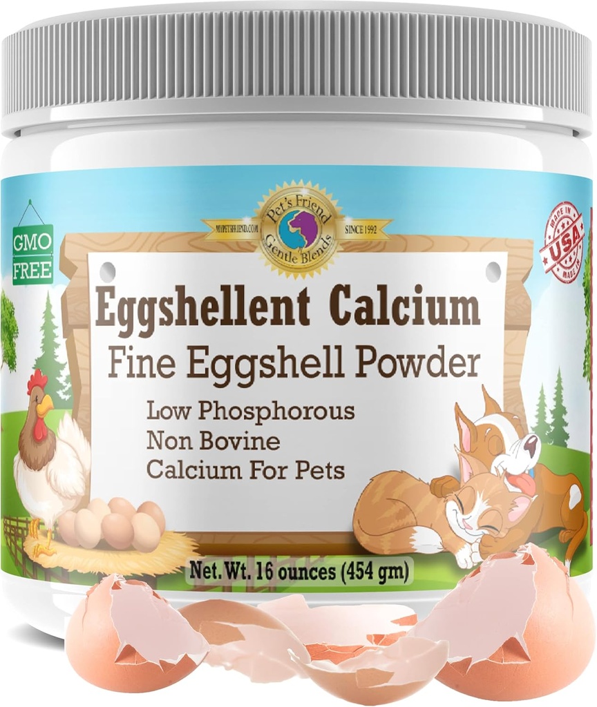Calcio per cani e gatti - Polvere di uovo fine - Forte Hip & Integratore congiunto per cani e gatti- Supplemento dietetico - No Additivi - Pet's Friend Eggshellent Calcium 16oz