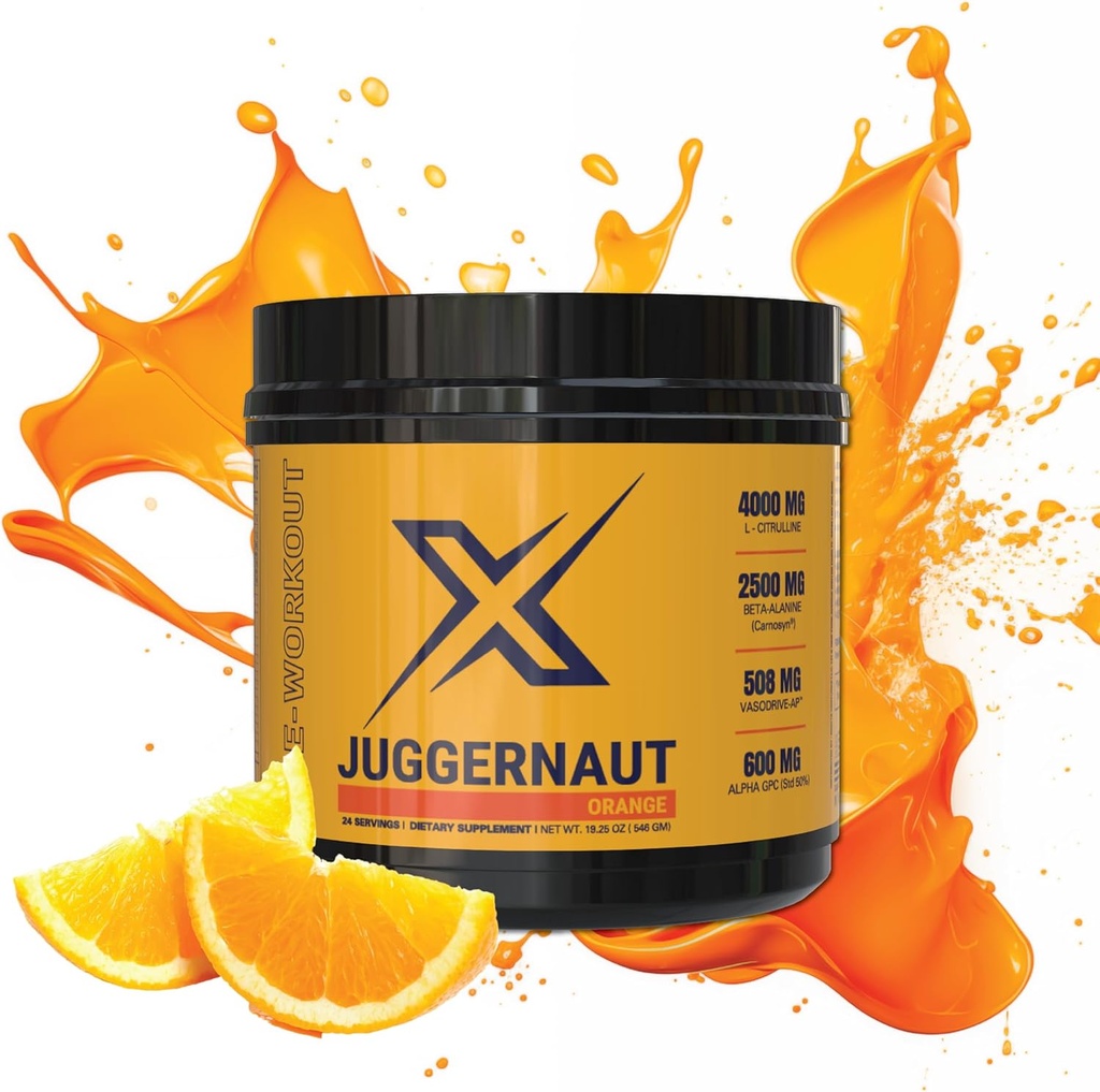 Juggernaut X Pre-Workout Supplement (Orange) - Aumenta la resistenza, la resistenza, l'energia - L-Citrullina, Beta-Alanina, la creatina, potenziato con VasoDrive per il supporto della pressione sanguigna - 30 Serve