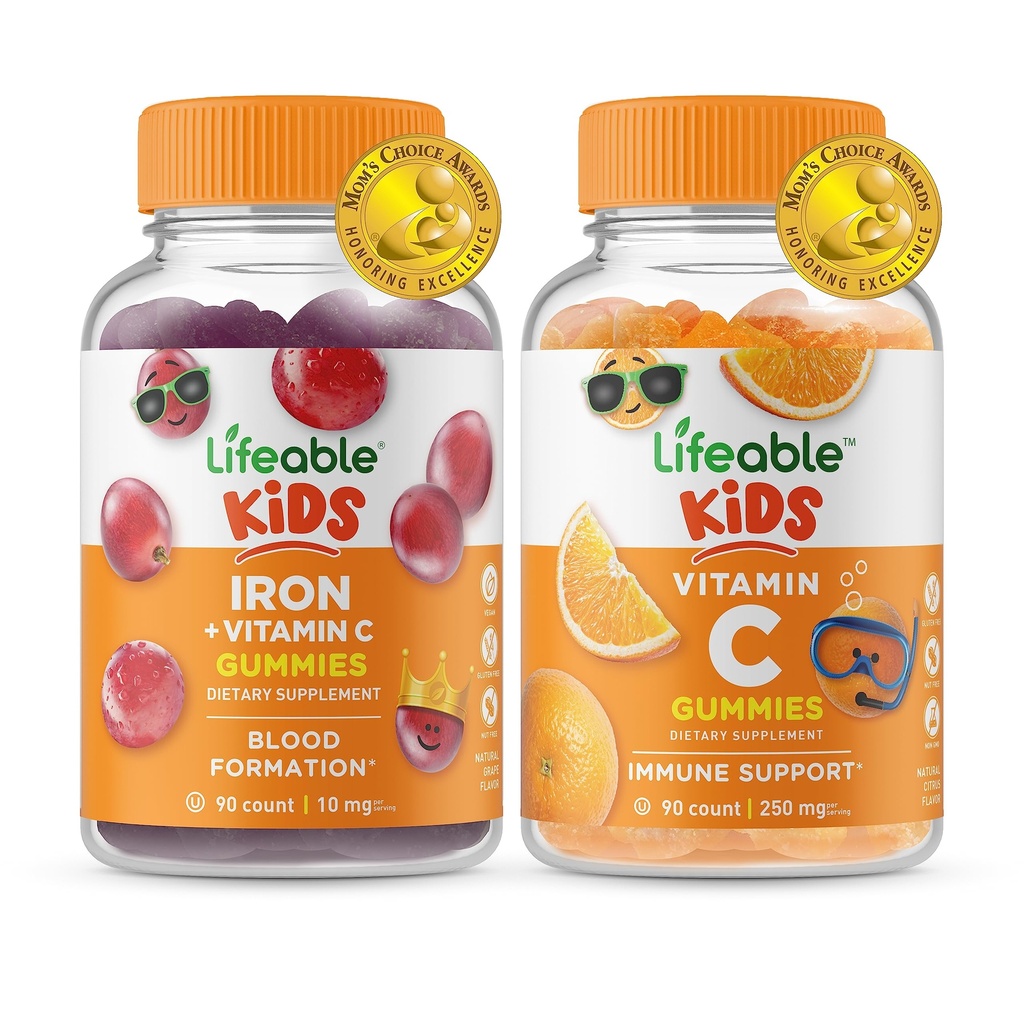 Ferro e vitamina C Bambini + Vitamina C Bambini, Gummies Bundle - Grande Degustazione, Supplemento alla vitamina, Senza glutine, OGM libero, pancia masticabile