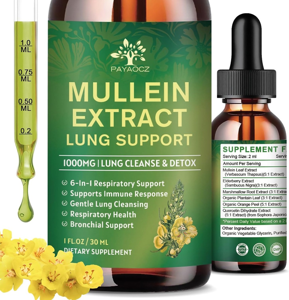 (2 Pack) 6 In 1 gocce di Mullein per polmoni, tintura di estratto di foglie di Mullein organico per polmoni, Detox Cleanse & Respiratory per la salute respirazione, Sostegno immunitario del supplemento di olio di Mullein, Vegan, 1 Fl Oz