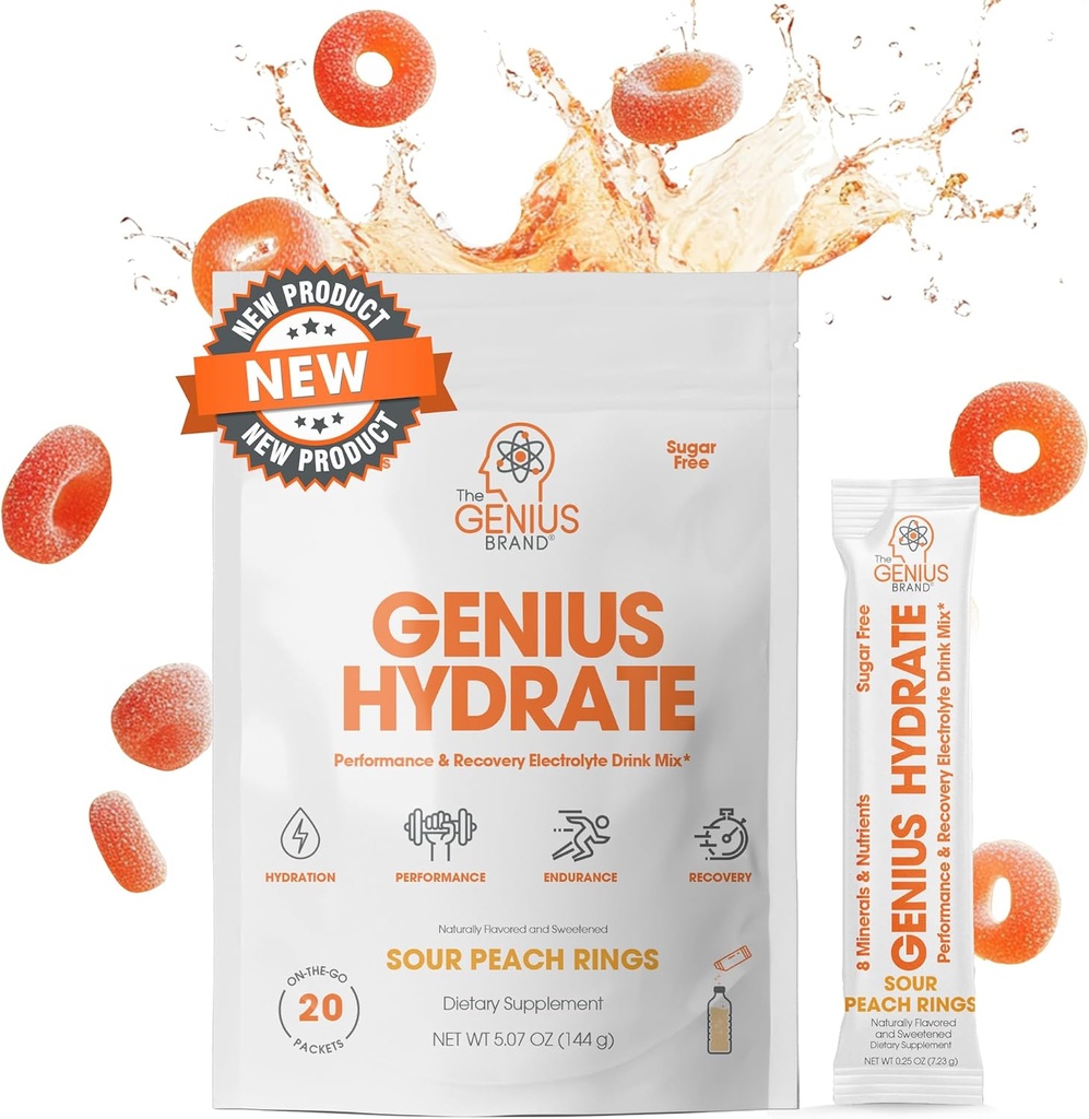 Il Genius Brand Genius Hydrate - Supplemento elettrolita per l'idratazione quotidiana - Acqua di cocco - Senza zucchero - 8 Minerali essenziali & Nutrienti - Non OGM - Anelli di pesca acida - 20 Serve
