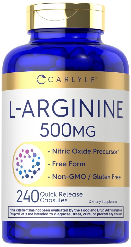 Carlyle L-Arginina 500 mg capsule | 240 Count | Precursore ossido nitrico | Aminoacido forma libera | Non-GMO & Gluten Integratore gratuito