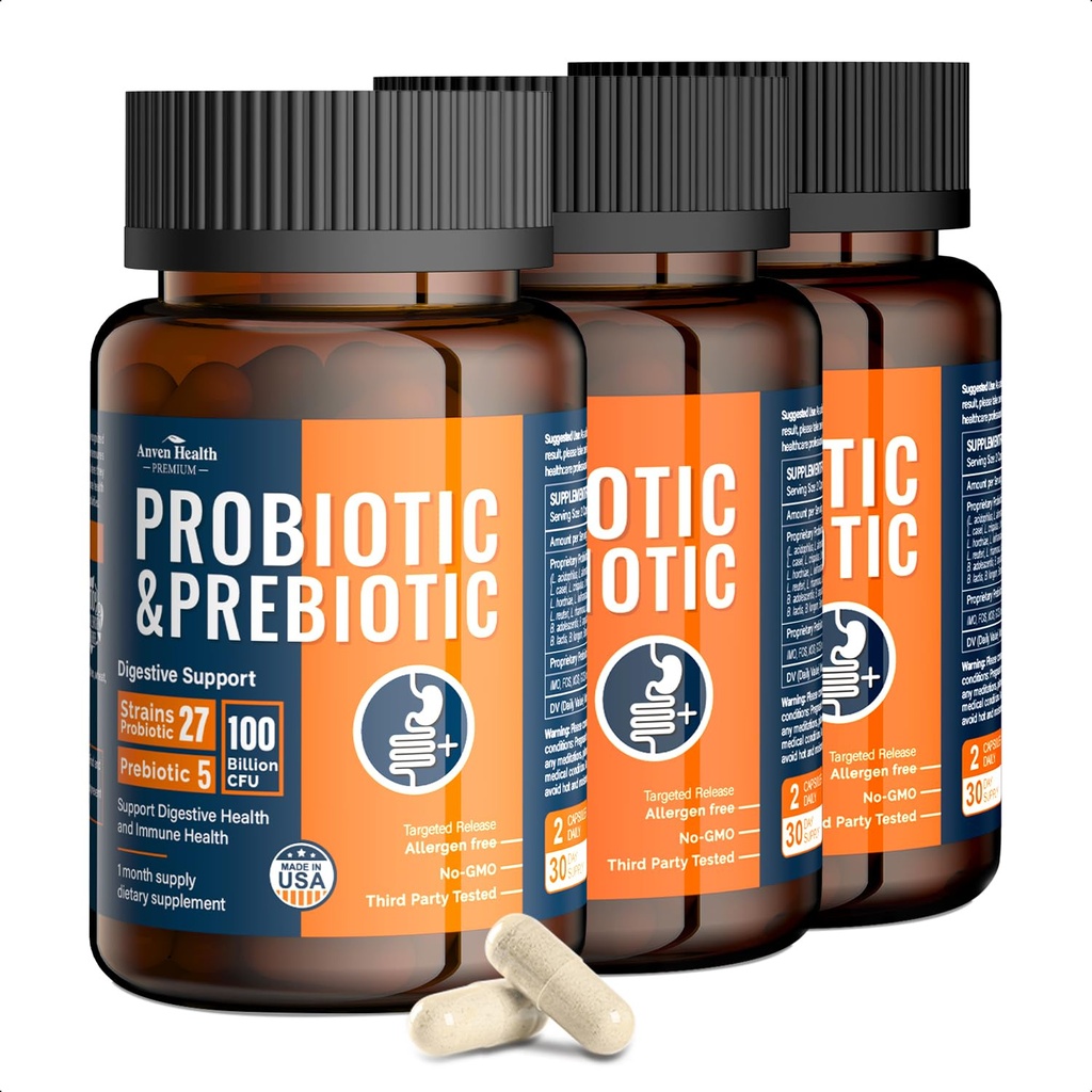 100 miliardi di probiotici per gli uomini e le donne 27 Strains 5 prebiotici organici per la salute digestiva e immunitaria del fegato, supporta la biopsia gas Bloating, non OGM, Zero Fillers – Made in USA丨180 Caps