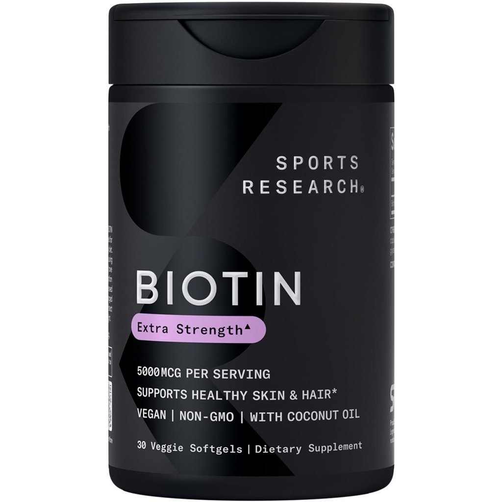 Sport Research® Biotin 5000mcg con olio di cocco biologico - Biotina (Vitamina B7) per la pelle sana e il supporto dei capelli* - per le donne e gli uomini - Vegan, Non OGM, Gluten & Soy-Free - 30 Veggie Softgels