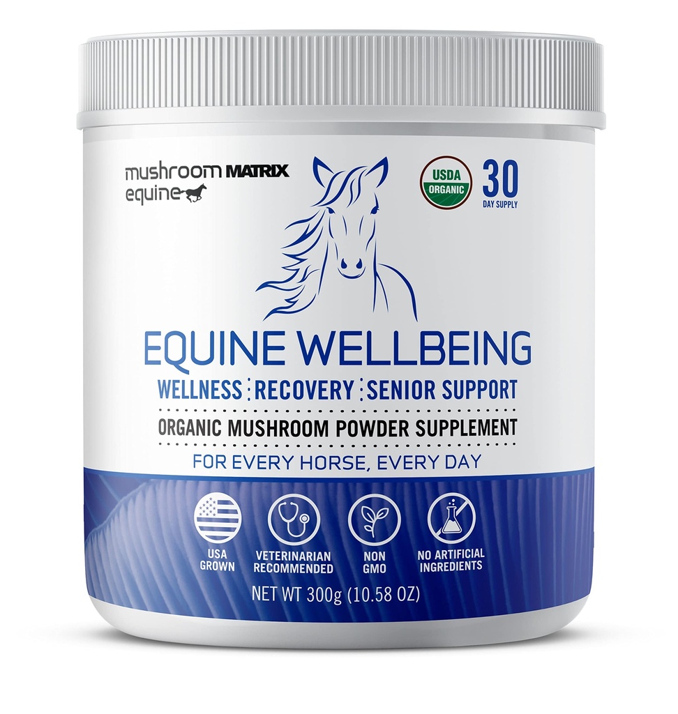 Om Mushroom Matrix - Equine | Wellbeing | Stati Uniti d'America Crescita umana-gregazione polvere di funghi organici Mostra supplemento sicuro cavallo | Benessere, Recupero, & Assistenza agli anziani | 300 Grammi, 10.5 oz